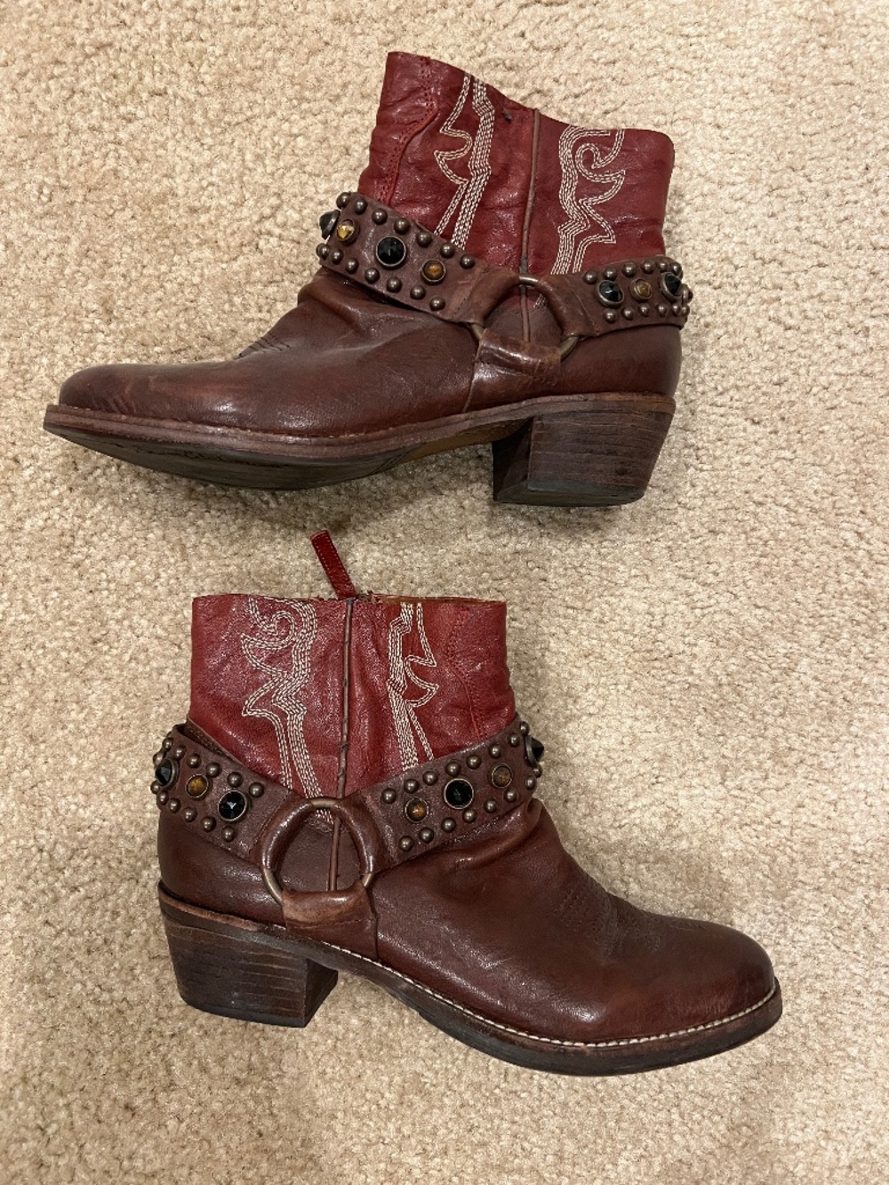 Sam Edelman Skyler Leather Western Ankle Boots Studded Gemstone Brown Red 7.5M